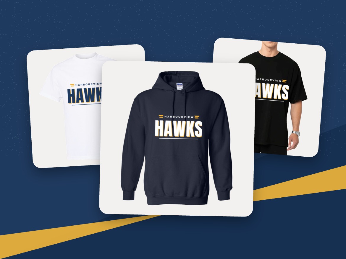 Hawks spirit wear: navy hoodie, white tee and black heavyweight tee with the Harbourview Hawks print